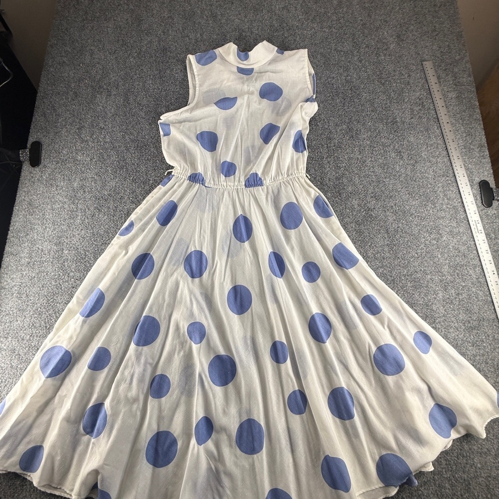 Vintage Sally III Polka Dot Midi Dress Blue White Mock Neck Sleeveless Size 14